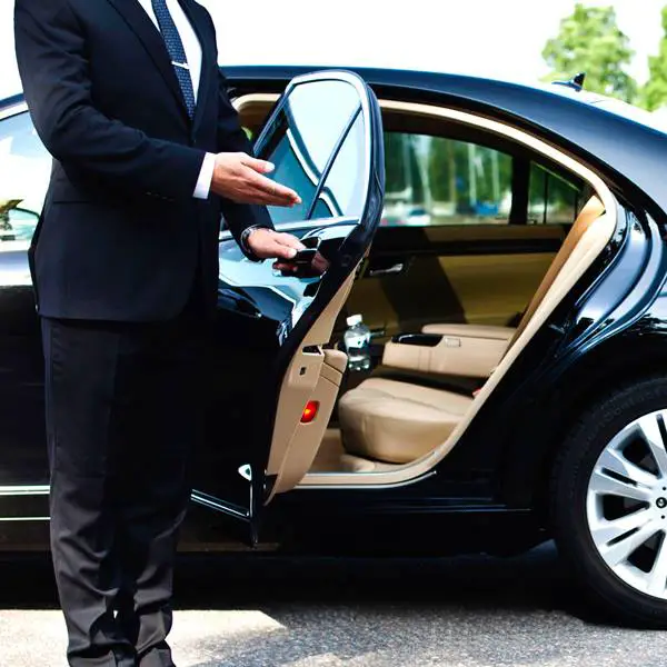 A chaffeur opening the door of a Carmel Car & Limousine Service vehicle.