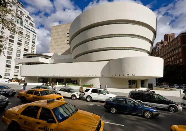 An exterior view of the Solomon R. Guggenheim Museum in New York City.