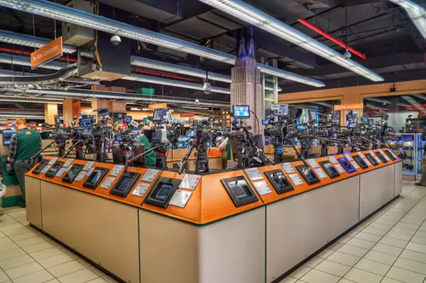 An assortment of video cameras on display at B&H Photo Video.