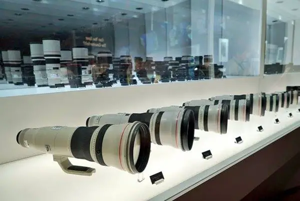 An assortment of camera lens on display at B&H Photo Video.