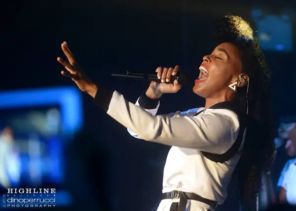 Janelle Monae singing onstage at the Highline Ballroom.