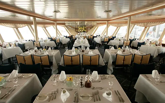 The interior dining space of World Yacht.