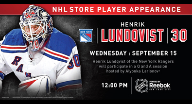 The NY Rangers' Henrik Lundqvist Appears at NHL Store Powered by Reebok Wed. Sept. 15th