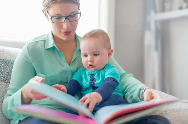 mom and baby reading
