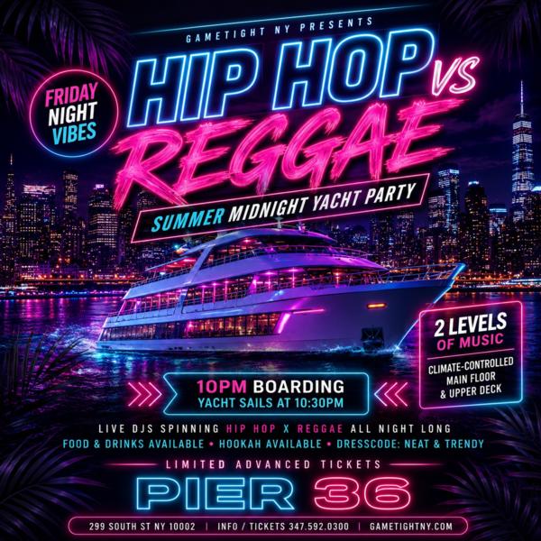 Friday NYC Hip Hop vs. Reggae Cruise Pier 36 Summer Midnight Yacht Party at Pier 36