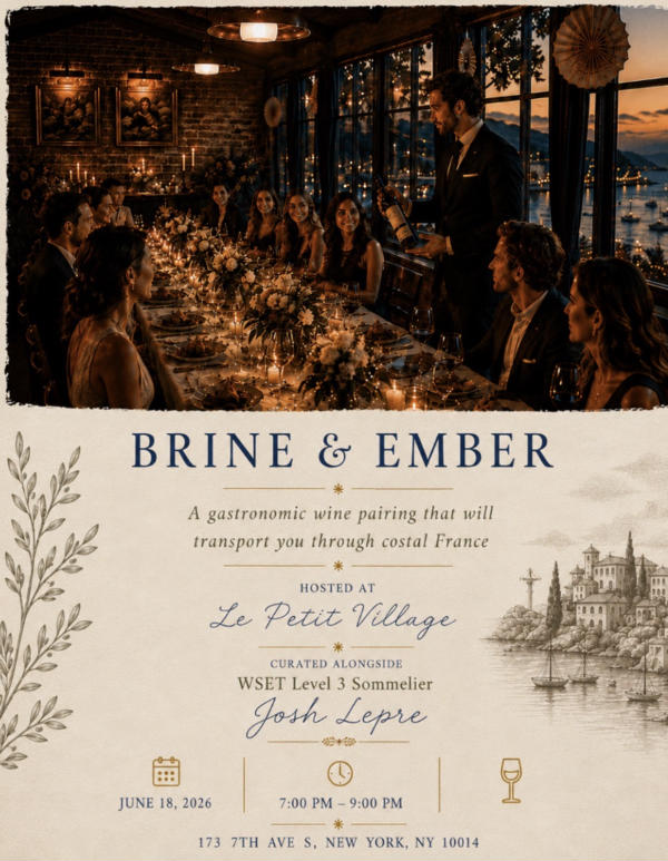 A Coastal French Wine Pairing Dinner at Le Petit Village with Brine & Ember on 6/18 at Le Petit Village