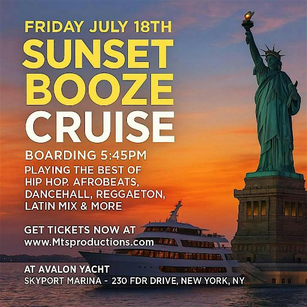 Sunset Booze Cruise Aboard Avalon Yacht NYC – Friday, July 18th at Skyport Marina
