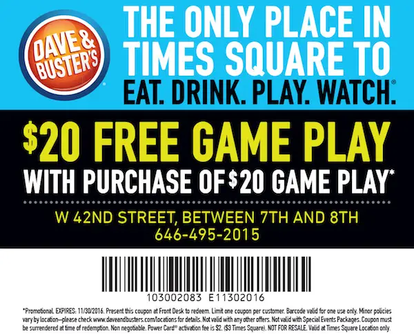 Dave Busters Free 20 Game Play