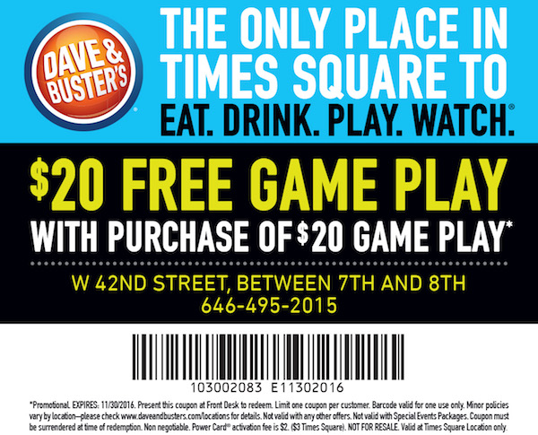 Dave Busters Free 20 Game Play