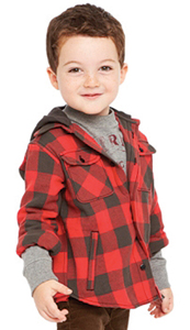 boy wearing an American Living red plaid shirt; boy lumberjack