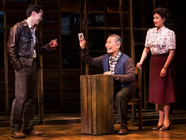 Michael K. Lee, George Takei and Lea Salonga in a scene from "Allegiance"