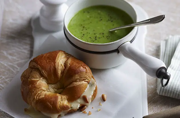 broccoli soup with blue cheese and pine nut croissants