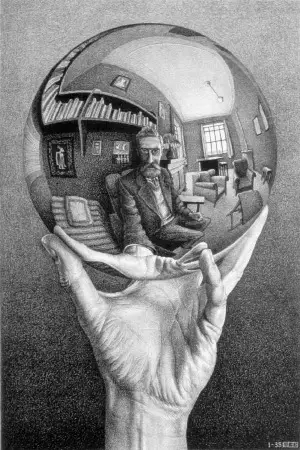 Hand with Reflecting Sphere by M. C. Escher. Lithograph, 1935.