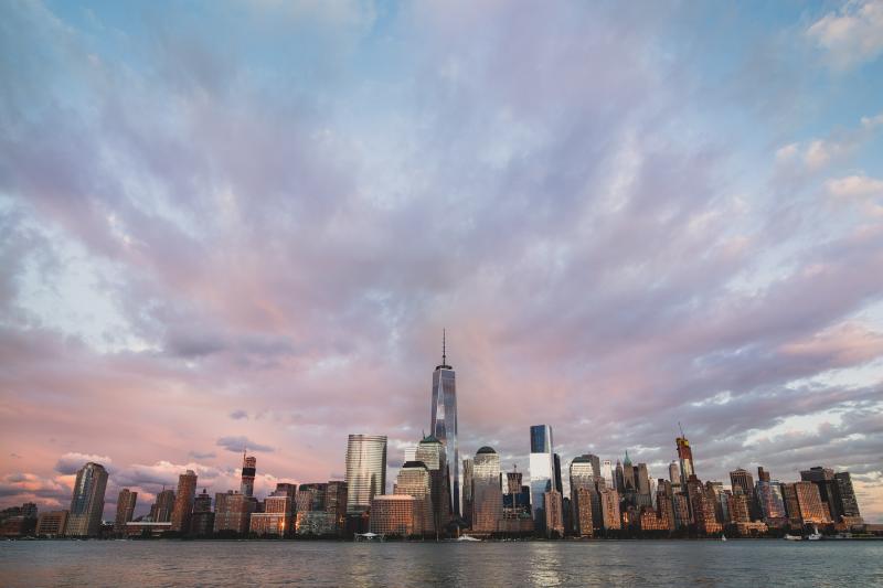 skyline one world new york harbor dusk