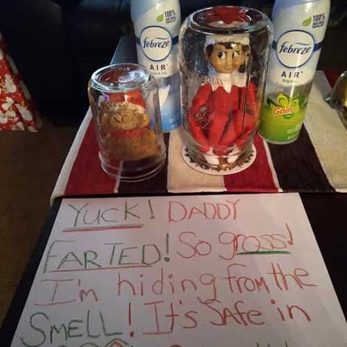 elf on the shelf hiding from fart