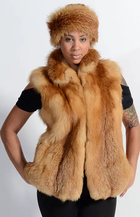 Red fox vest and headband from Kaufman Furs