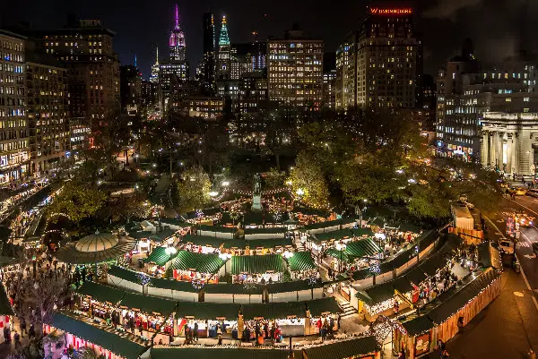 union square holiday market night