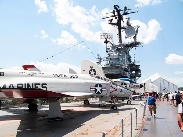 An exterior view of the Intrepid Sea, Air & Space Museum.