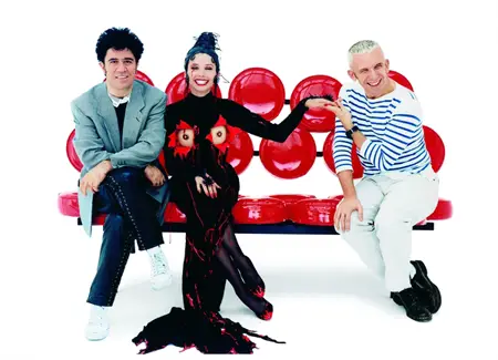 Pedro Almodóvar (left) with Victoria Abril and Jean Paul Gaultier in promotional photograph for Kika, directed by Almodóvar, 1993.